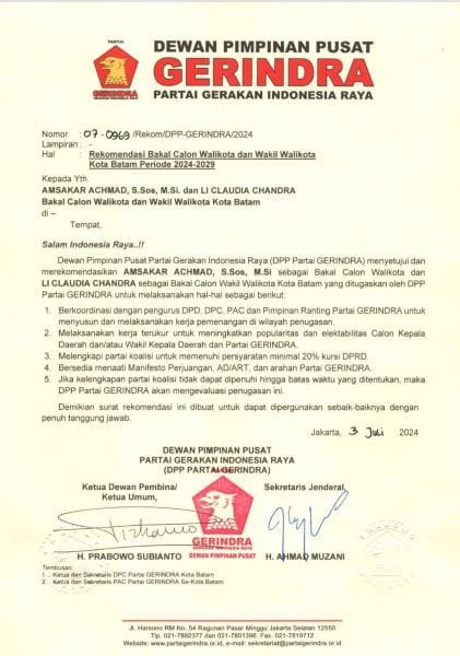 Gerindra Resmi Usung Amsakar Achmad dan Li Claudia Chandra untuk Pilkada Kota Batam 2024