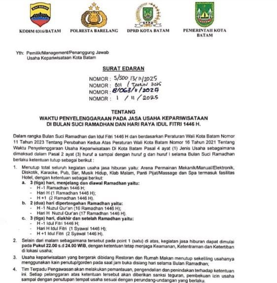 Pemko Batam Keluarkan Surat Edaran Pengaturan Jam Operasional Tempat Hiburan Selama Ramadan 1446 H